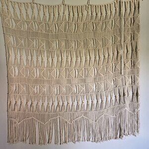 Braided woven wall decor curtain beaded beige cotton 50" x 50"
